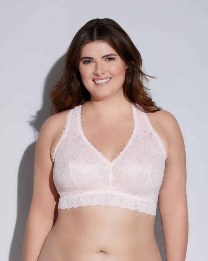 Front of a model wearing a size 1X Racie Racerback Bralette in Pink Lilly by Cosabella. | dia_product_style_image_id:273726
